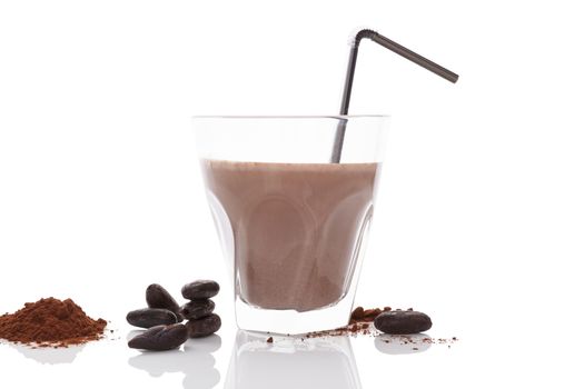 Cocoa drink, beans and powder isolated on white background. Culinary cocoa drinking