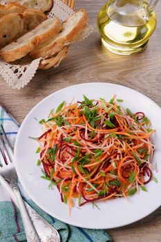 a plate salad of shredded raw beets, and carrots  on celery root