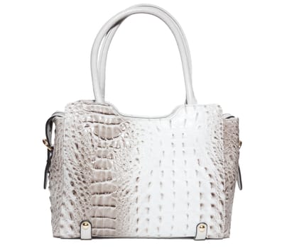 The photograph shows a female handbag on a white background