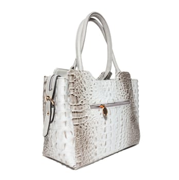 The photograph shows a female handbag on a white background