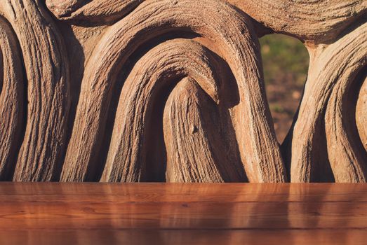 Wooden bench in the summer park. Closeup.