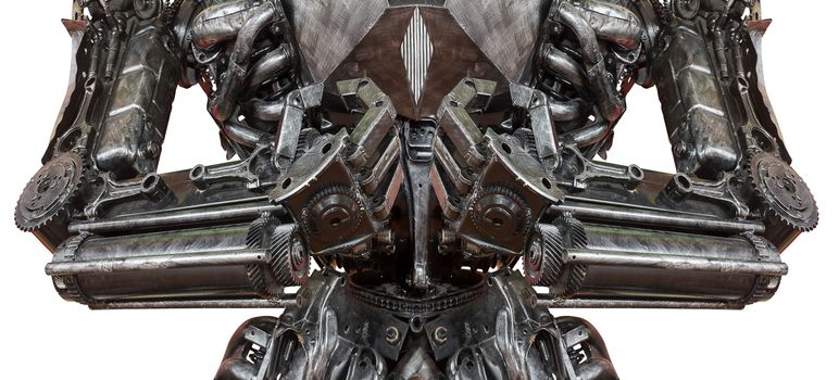 Closeup War machine sculpture made from scrap metal isolated on white background