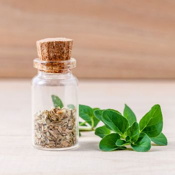 Fresh oregano and oregano dried in a the bottle with shallow depth of field setup on wooden background .