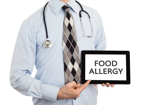 Doctor, isolated on white backgroun,  holding digital tablet - Food allergy