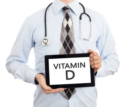 Doctor, isolated on white backgroun,  holding digital tablet - Vitamin D