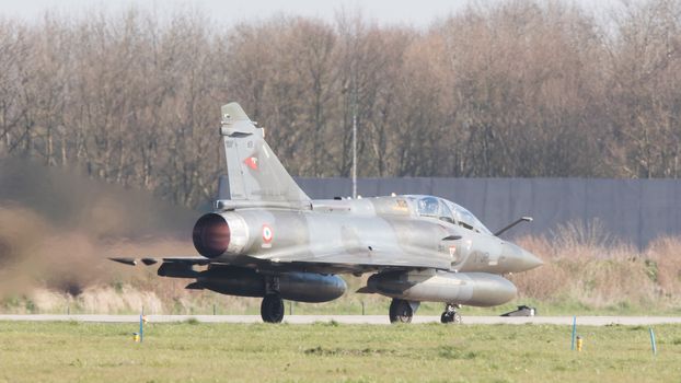 LEEUWARDEN, NETHERLANDS - APRIL 11, 2016: French Air Force Dassault Mirage 2000N during the exercise Frisian Flag. The exercise is considered one of the most important NATO training events this year.