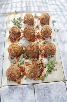 According plate of meatballs and baked potatoes