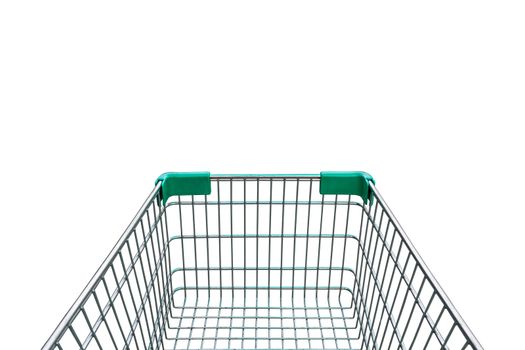 rear view of empty shopping cart isolated on white background