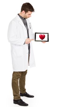 Doctor holding tablet, isolated on white - Red heart