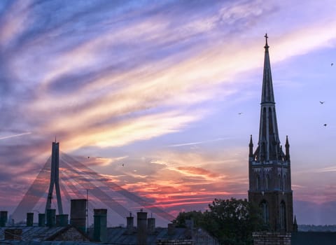 Sunset in Riga. View from the rooftop.