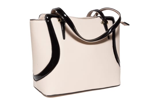 The photograph shows a female handbag on a white background