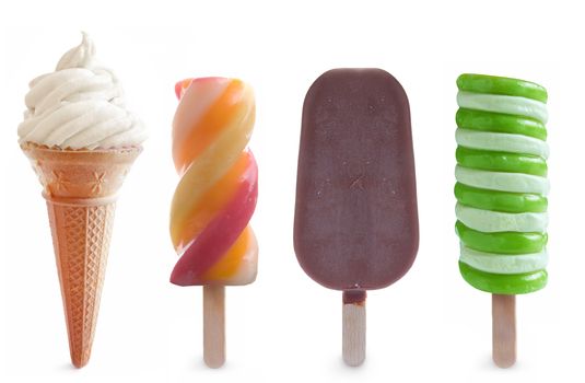 Selection of frozen ice lollies and ice cream over a white background