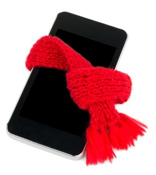 Recovering phone. Smartphone with red scarf. Service concept. Isolated on white