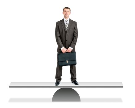 Businessman in suit with cuitcase standing on balance board in center, isolated on white