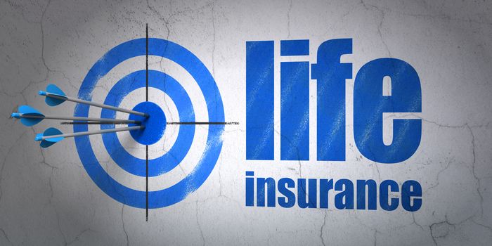 Success Insurance concept: arrows hitting the center of target, Blue Life Insurance on wall background, 3D rendering