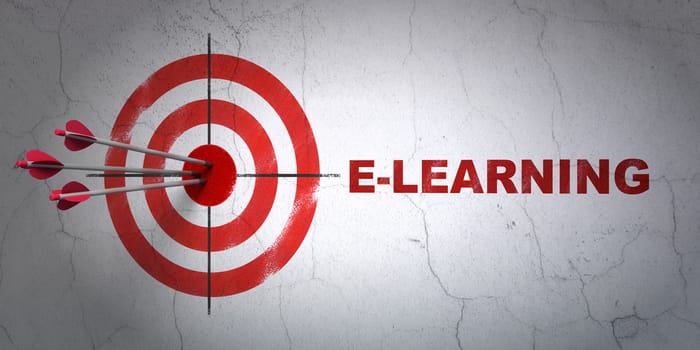 Success Education concept: arrows hitting the center of target, Red E-learning on wall background, 3D rendering