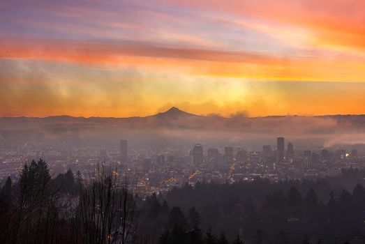 Portland Oregon Downtown Skyline Cityscape on a Foggy Morning at Dawn