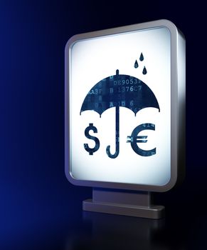 Safety concept: Money And Umbrella on advertising billboard background, 3D rendering