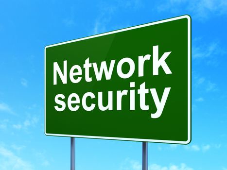 Security concept: Network Security on green road highway sign, clear blue sky background, 3D rendering