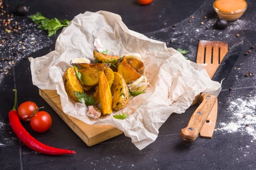 Homemade fries on a table with ingredients and cutlery around. Concept: healthy food, diet, fastfood. 