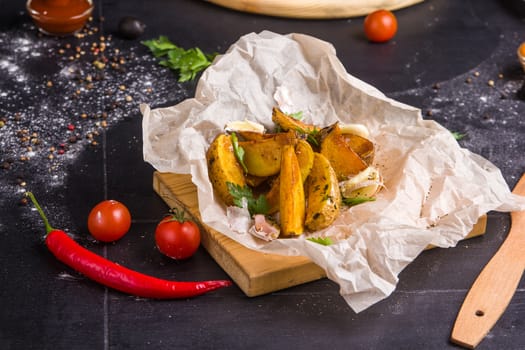 Homemade fries on a table with ingredients and cutlery around. Concept: healthy food, diet, fastfood. 