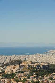 Cityscape of Athens, Greece made at morning from Lycabettus Hill. LArge copyspace.