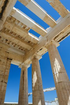 Fragment of the Parthenon, an archaic temple located on the Acropolis of Athens, built in 438 BC. Taken in Athens, Greece.