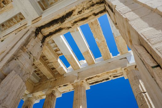 Fragment of the Parthenon, an archaic temple located on the Acropolis of Athens, built in 438 BC. Taken in Athens, Greece.