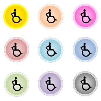 Set of nine colorful buttons with handicap, disable sign isolated in white background