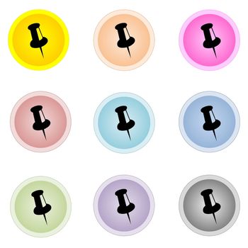 Set of nine colorful buttons with pin isolated in white background
