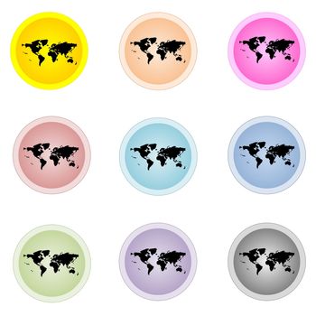 Set of nine colorful buttons with worldmap isolated in white background