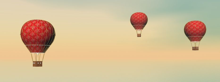 Three vintage red hot air balloons by sunset - 3D render