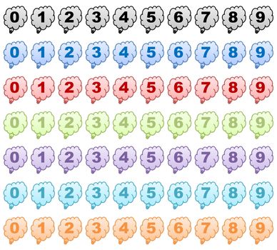 Set of colorful numbers in thought bubble shapes isolated in white background