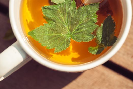 Top view of tea with currant leaf in white cup
