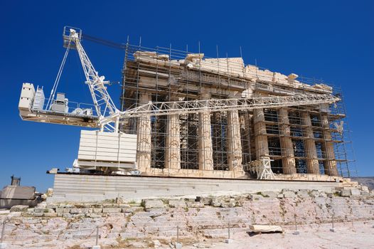 Reconstruction of Parthenon with scaffolding in Acropolis, Athens, Greece