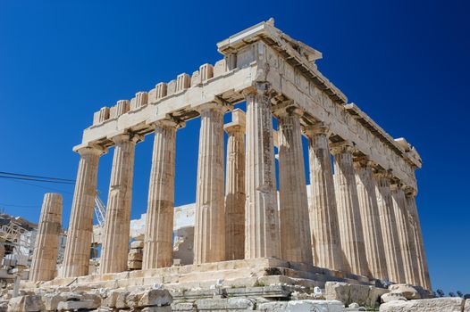 Fragment of the Parthenon, an archaic temple located on the Acropolis of Athens, built in 438 BC. Taken in Athens, Greece.