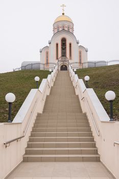 Varvarovka, Russia - March 15, 2016: The staircase and the main entrance to the church of Great Martyr Barbara in the village Varvarovka, a suburb of Anapa, Krasnodar Krai