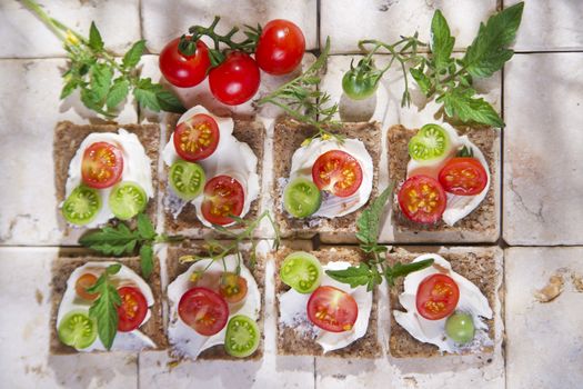 Presentation of slices of wholemeal bread with cheese and cherry tomatoes 