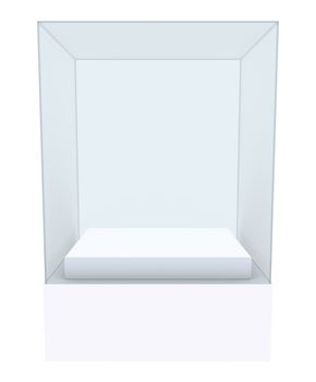 Glass showcase podium in center. White background. 3D illustration