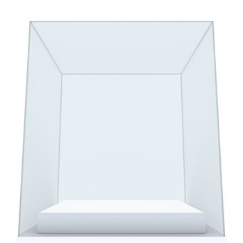 Empty glass showcase for exhibit. White background. 3D rendering