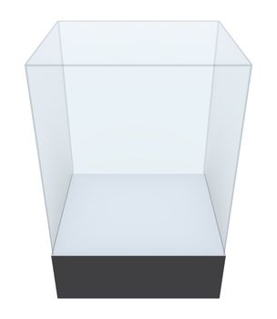 Empty glass showcase for exhibit. Isolated on white. 3D illustration