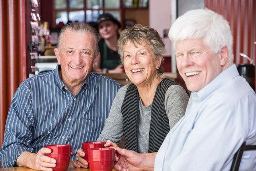 Three happy friends in a coffee house