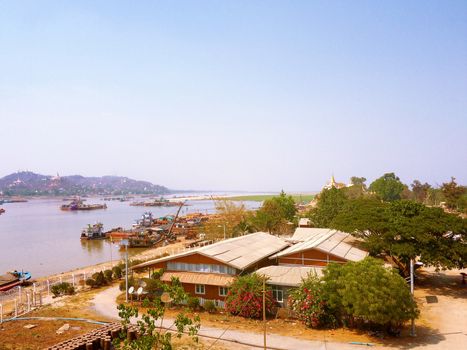 Landscape view from Tadar Road Bridge Sagaing Irrawaddy River approaching Mandalay, Myanmar