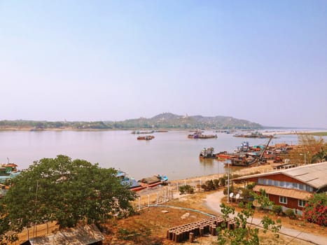 Landscape view from Tadar Road Bridge Sagaing Irrawaddy River approaching Mandalay, Myanmar