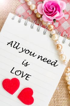 All you need is love on diary with red heart and rose on sack bacground.