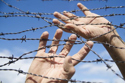 Hands gripping the barbed wire in the sign to run away with the blue sky background