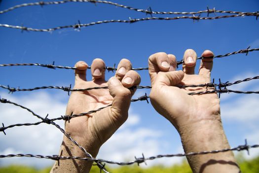 Hands gripping the barbed wire in the sign to run away with the blue sky background