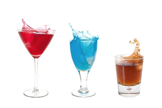 Three different cocktails with a splash over a white background