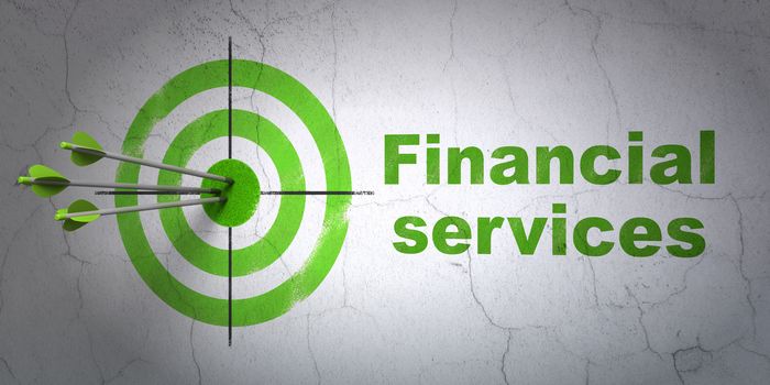 Success currency concept: arrows hitting the center of target, Green Financial Services on wall background, 3D rendering