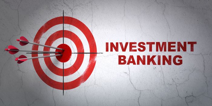 Success money concept: arrows hitting the center of target, Red Investment Banking on wall background, 3D rendering